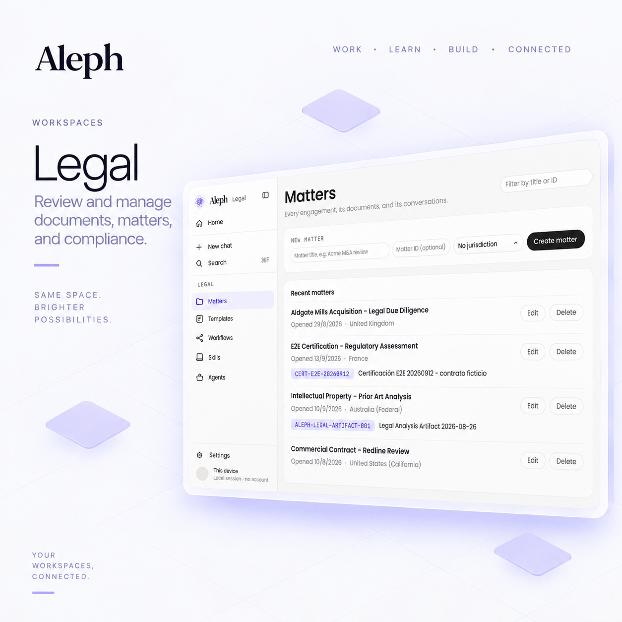 Aleph Legal workspace showing the matters interface